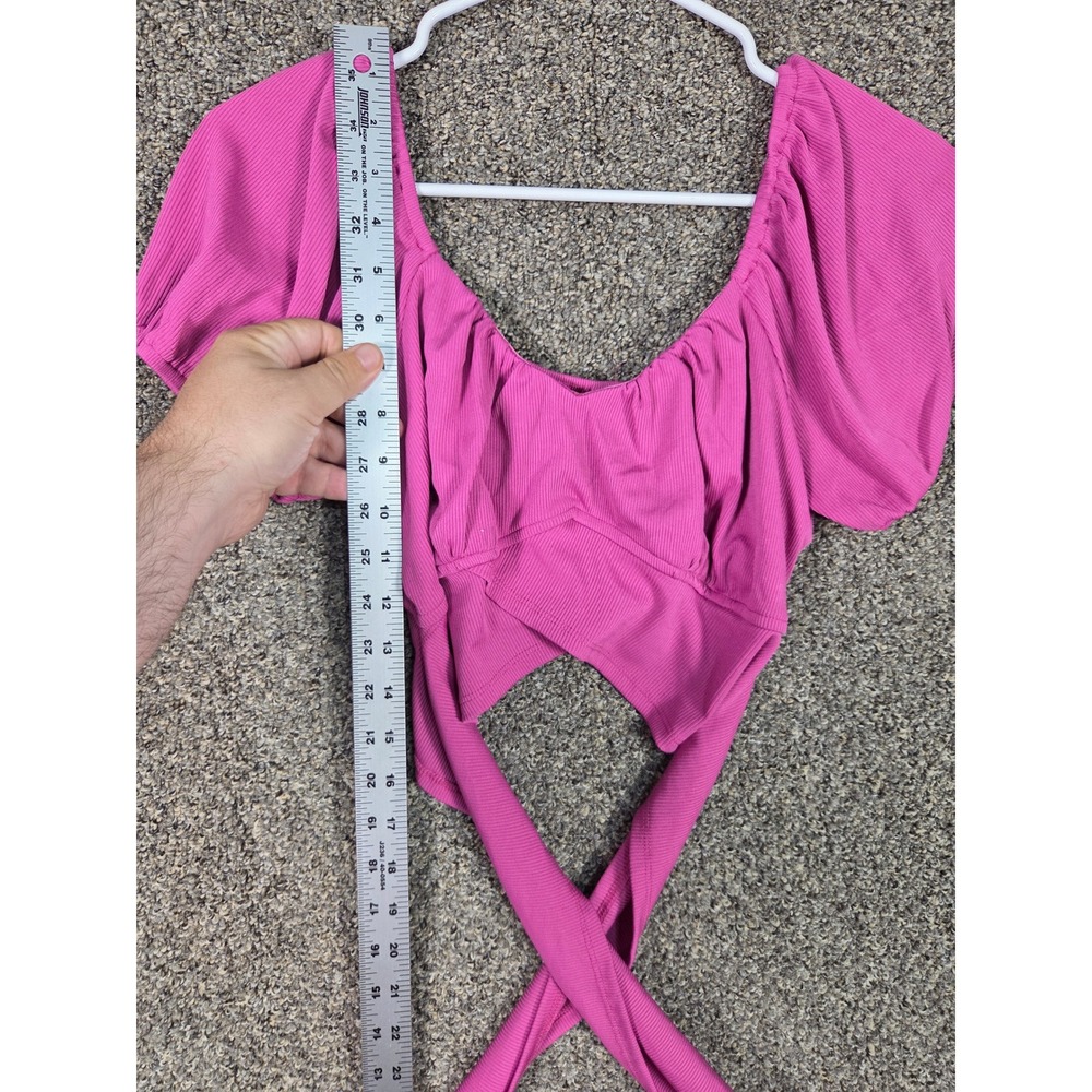 New Mode Puff Sleeve Crop Top Womens Large Pink Ribbed Wrap Tie Waist - Picture 6 of 9